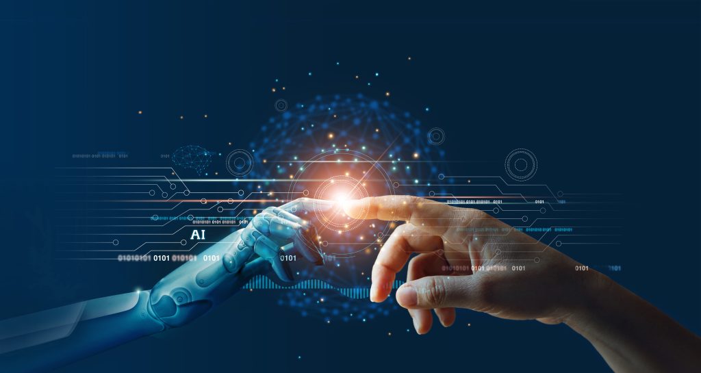 AI machine hands of robot and human hands coming together in unity