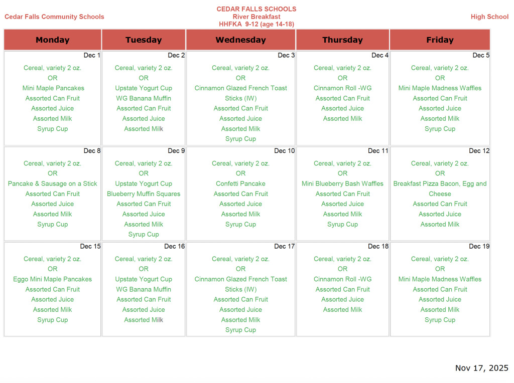 River Hills - Dec. Breakfast menu