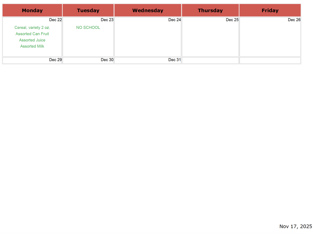 River Hills - Dec. Breakfast menu