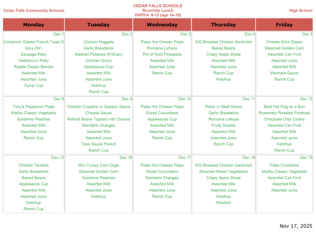 River Hills - Dec. Lunch menu