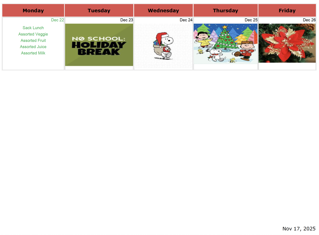 River Hills - Dec. Lunch menu