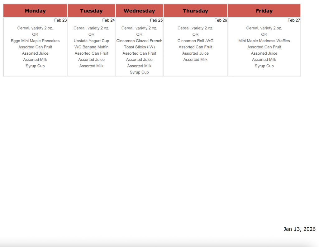 February River Hills Breakfast menu