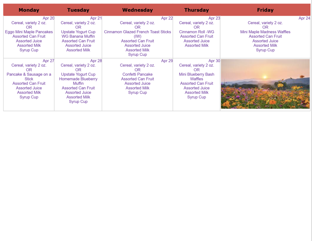 River Hills April Breakfast menu