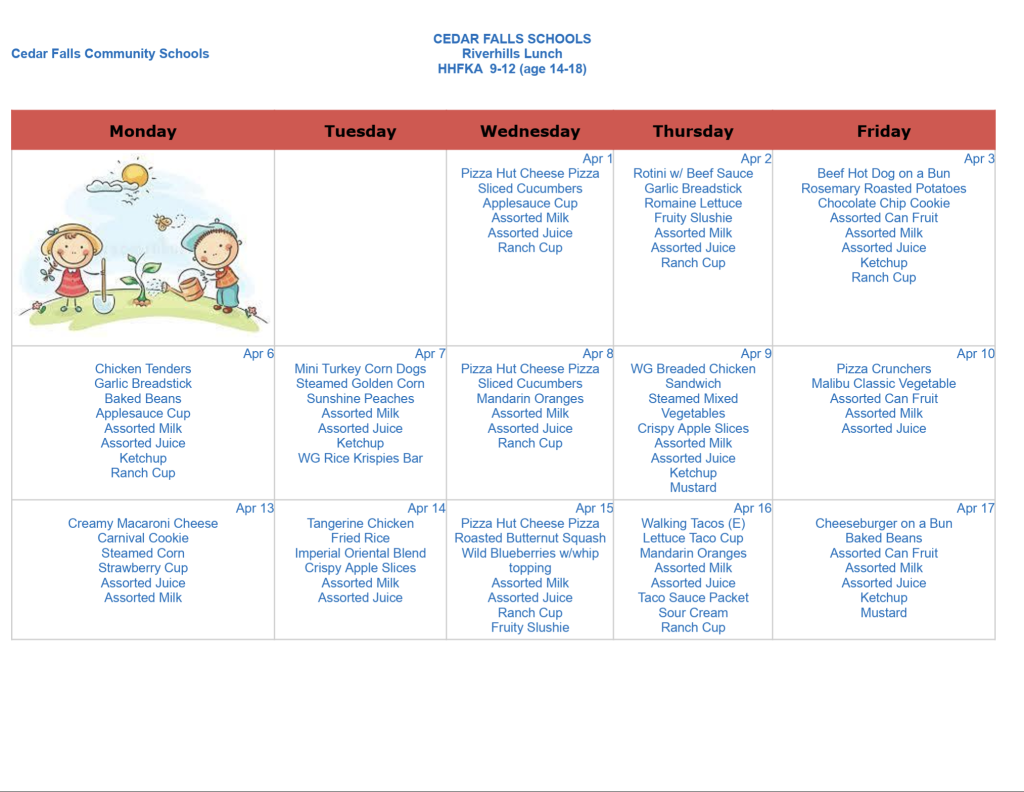 River Hills April Lunch menu