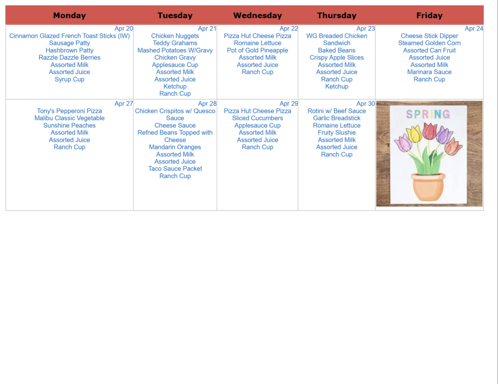 River Hills April Lunch menu