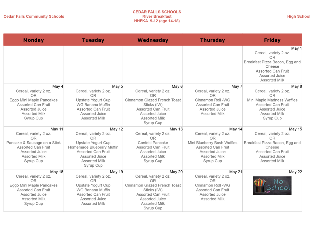River Hills School Breakfast menu, May-June