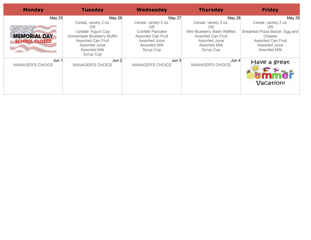 River Hills School Breakfast menu, May-June