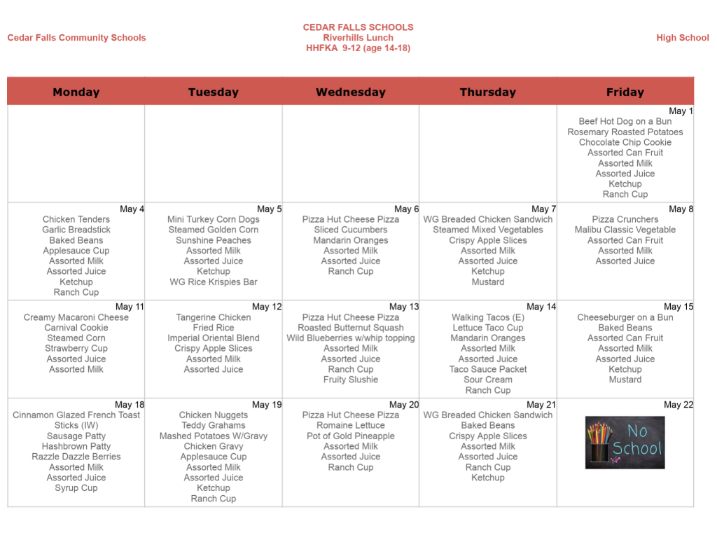 River Hills Lunch menu, May-June