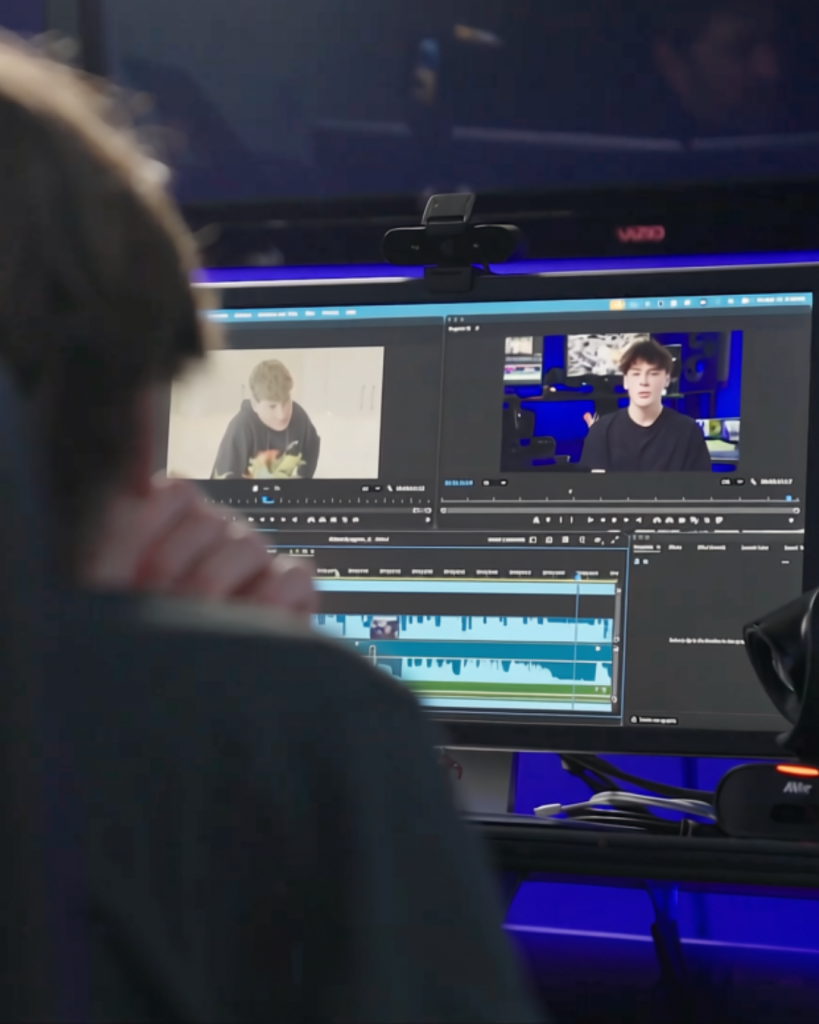 Grady editing his video project on the computer with a video software program.