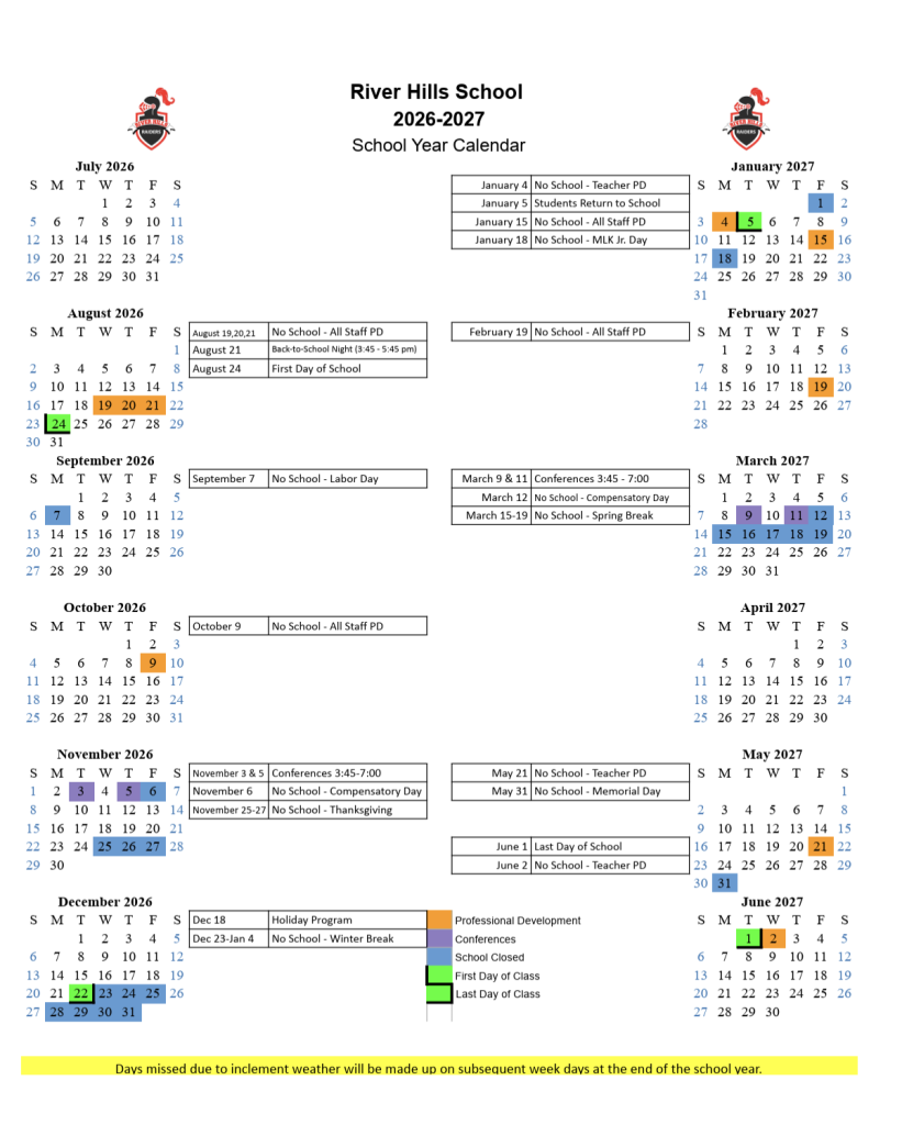 2026-2027 River Hills School Calendar