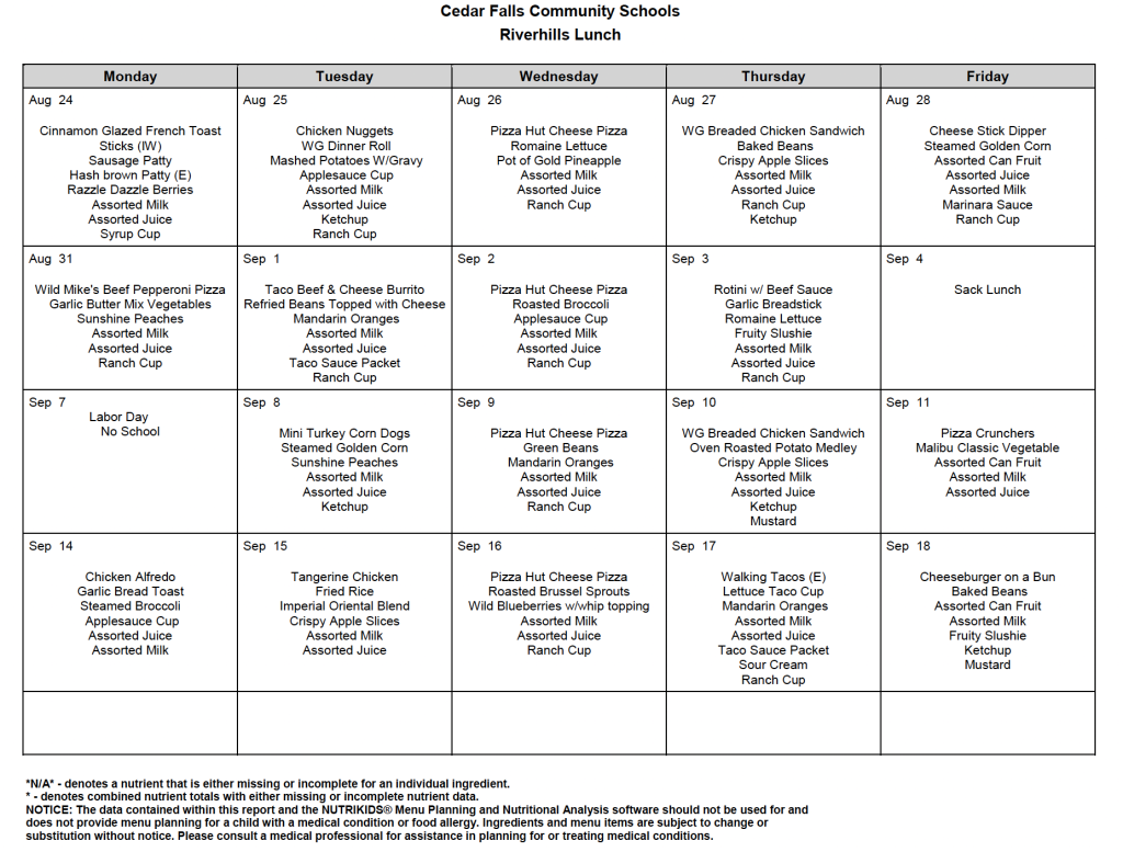 End of August/September 2026 - River Hills School lunch menu (page 1 of 2).