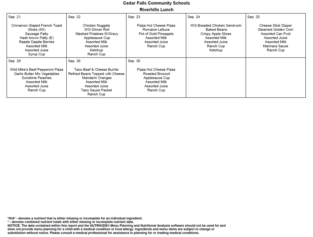 End of August/September 2026 - River Hills School lunch menu (page 2 of 2).