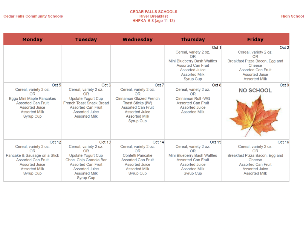 Oct. Breakfast menu