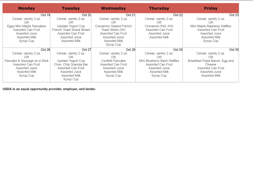 Oct. Breakfast menu