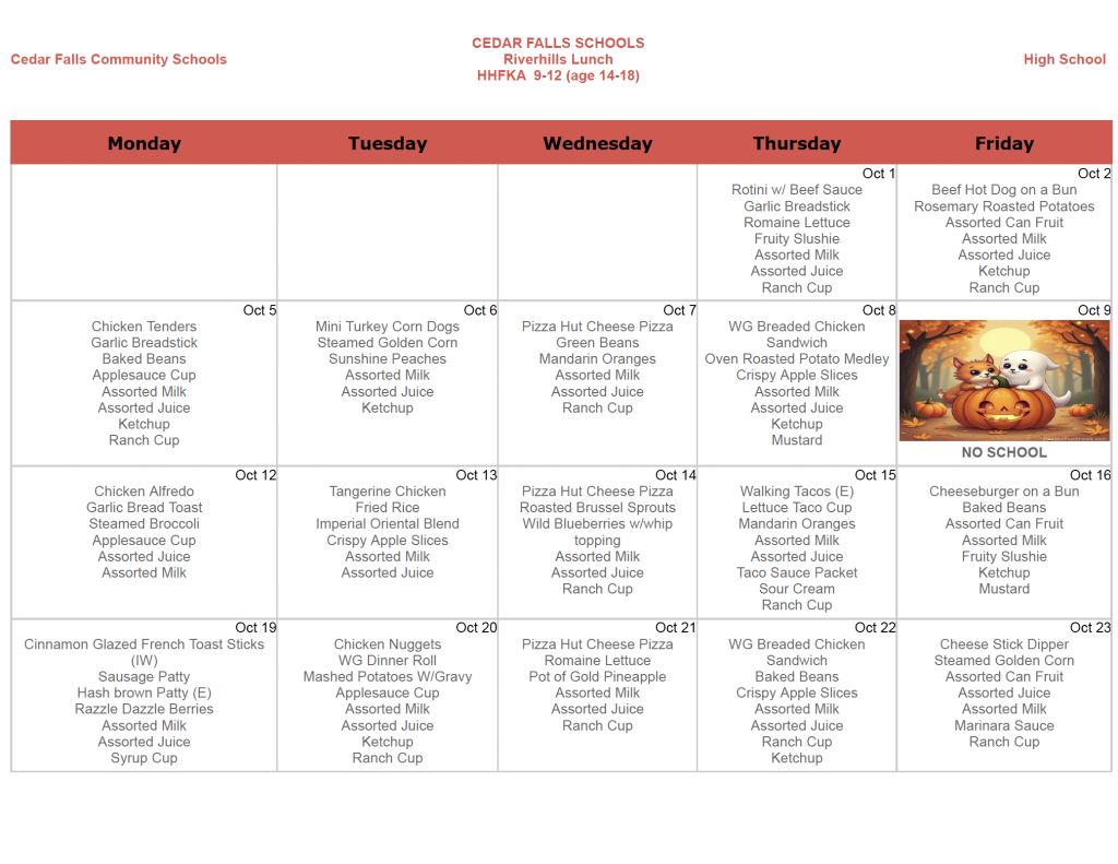 Oct. Lunch menu