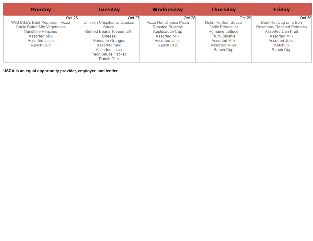 Oct. Lunch menu