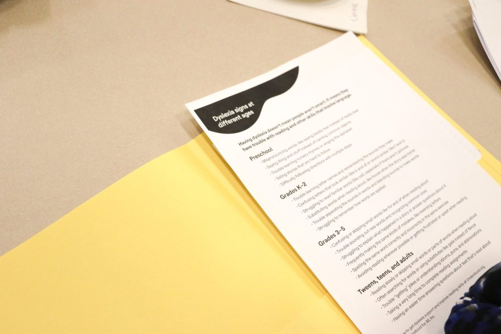Dyslexia Community Night event materials for the simulation